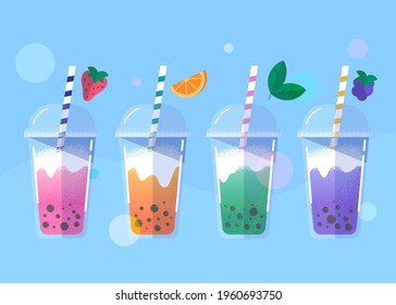 Bubble tea. Drinks in plastic glass - tea, coffee, milk cocktail, milkshake, espresso, latte or juice. Vector illustration.