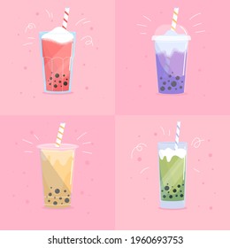 Bubble tea. Drinks in plastic glass - tea, coffee, milk cocktail, milkshake, espresso, latte or juice. Vector illustration.