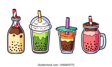 Bubble tea. Drinks in plastic glass - tea, coffee, milk cocktail, milkshake, espresso, latte or juice. Vector illustration.