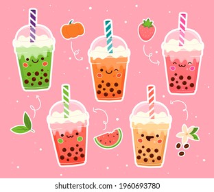 Bubble tea. Drinks in plastic glass - tea, coffee, milk cocktail, milkshake, espresso, latte or juice. Vector illustration.