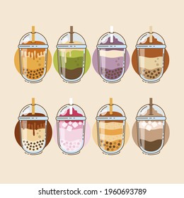 Bubble tea. Drinks in plastic glass - tea, coffee, milk cocktail, milkshake, espresso, latte or juice. Vector illustration.