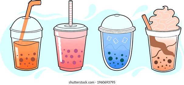 Bubble tea. Drinks in plastic glass - tea, coffee, milk cocktail, milkshake, espresso, latte or juice. Vector illustration.