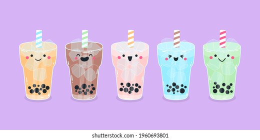 Bubble tea. Drinks in plastic glass - tea, coffee, milk cocktail, milkshake, espresso, latte or juice. Vector illustration.