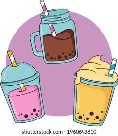 Bubble tea. Drinks in plastic glass - tea, coffee, milk cocktail, milkshake, espresso, latte or juice. Vector illustration.