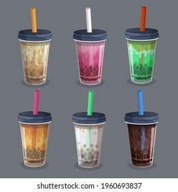 Bubble-Tee. Getränke aus Plastikglas - Tee, Kaffee, Milchcocktail, Milchshake, Espresso, Latte oder Saft. Vektorgrafik.