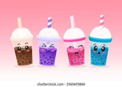 Bubble tea. Bubble tea drinks in plastic glass - bubble tea, coffee, milk cocktail, milkshake cocktail, espresso, latte or juice cocktail. Cocktail bubble tea vector illustration.