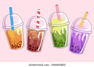 Bubble tea. Bubble tea drinks in plastic glass - bubble tea, coffee, milk cocktail, milkshake cocktail, espresso, latte or juice cocktail. Cocktail bubble tea vector illustration.