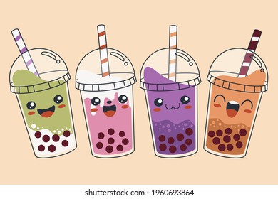 Bubble tea. Bubble tea drinks in plastic glass - bubble tea, coffee, milk cocktail, milkshake cocktail, espresso, latte or juice cocktail. Cocktail bubble tea vector illustration.