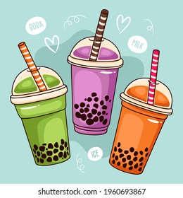 Bubble tea. Bubble tea drinks in plastic glass - bubble tea, coffee, milk cocktail, milkshake cocktail, espresso, latte or juice cocktail. Cocktail bubble tea vector illustration.