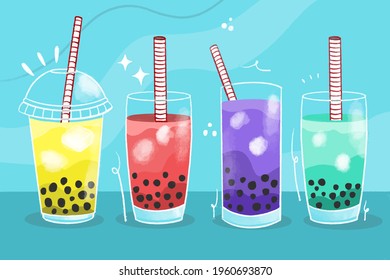 Bubble tea. Bubble tea drinks in plastic glass - bubble tea, coffee, milk cocktail, milkshake cocktail, espresso, latte or juice cocktail. Cocktail bubble tea vector illustration.