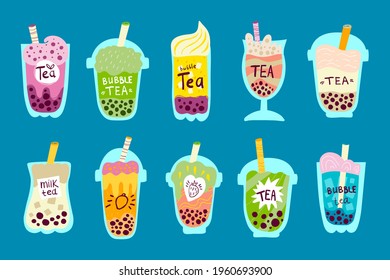 Bubble tea. Bubble tea drinks in plastic glass - bubble tea, coffee, milk cocktail, milkshake cocktail, espresso, latte or juice cocktail. Cocktail bubble tea vector illustration.