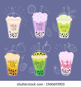 Bubble tea. Bubble tea drinks in plastic glass - bubble tea, coffee, milk cocktail, milkshake cocktail, espresso, latte or juice cocktail. Cocktail bubble tea vector illustration.