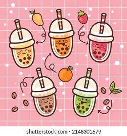 Bubble tea. Drinks in plastic glass - tea, coffee, milk cocktail, milkshake, espresso, latte or juice. Vector illustration.