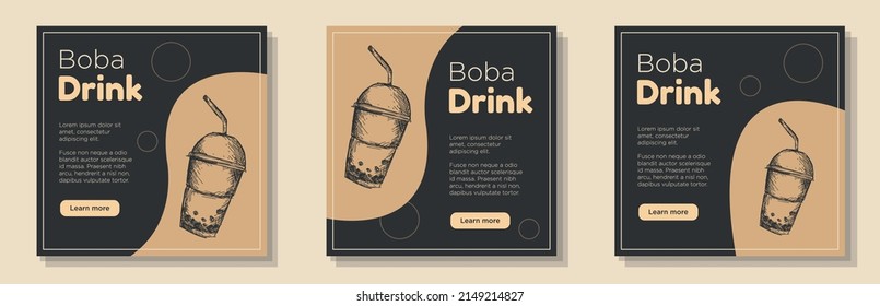 Bubble Tea Drinks Social Media Post, Banner Set, Boba Tea Bar Advertisement Concept, Vintage Style Hand Drawn Drink Cups Marketing Square Ad, Abstract Print, Isolated On Background.