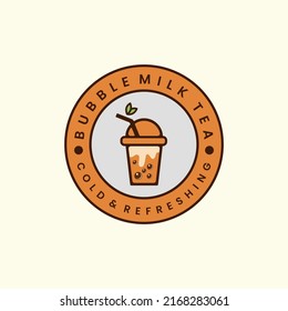 bubble tea with flat color and emblem style logo icon template design. milk, boba , ice, vector illustration