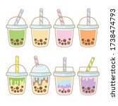 Bubble tea flavors cup design collection, Pearl milk tea, Yummy drinks, Taiwan milk tea, Boba Bubble Milk Tea, Cute Sticker, Vector Illustration
