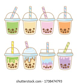 Bubble tea flavors cup design collection, Pearl milk tea, Yummy drinks, Taiwan milk tea, Boba Bubble Milk Tea, Cute Sticker, Vector Illustration