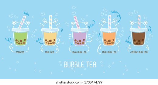 Bubble tea flavors cup design collection, Pearl milk tea, Yummy drinks, Taiwan milk tea, Boba Bubble Milk Tea, Cute Sticker, Vector Illustration