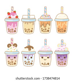 Bubble tea flavors cup design collection, Pearl milk tea, Yummy drinks, Taiwan milk tea, Boba Bubble Milk Tea, Cute Sticker, Vector Illustration