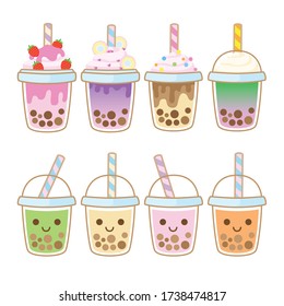 Bubble tea flavors cup design collection, Pearl milk tea, Yummy drinks, Taiwan milk tea, Boba Bubble Milk Tea, Cute Sticker, Vector Illustration