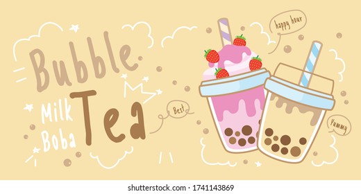 Bubble tea flavors cup design collection, Pearl milk tea, Yummy drinks, Taiwan milk tea, Boba Bubble Milk Tea, Cute Sticker, Vector Illustration