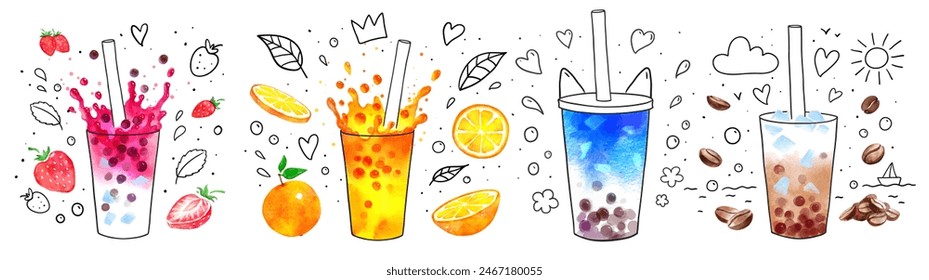 Bubble Tea flavors hand drawn vector watercolor illustration set with decoration with fruit and line art doodles