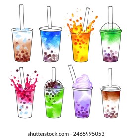 Bubble Tea flavors vector hand drawn watercolor illustrations set