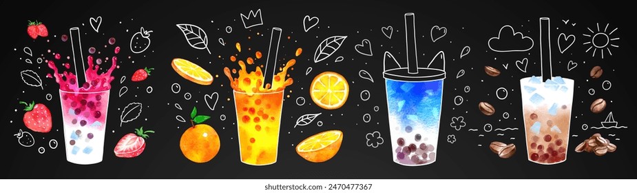 Bubble Tea flavors vector hand drawn watercolor illustrations with line art doodles collection on chalkboard background