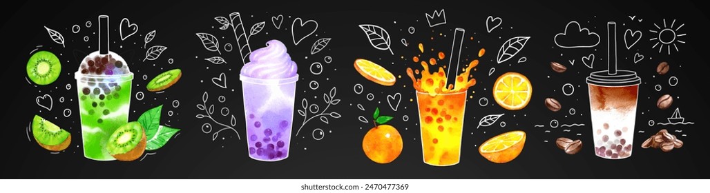 Bubble Tea flavors vector hand drawn watercolor illustrations with line art doodles set on chalkboard background