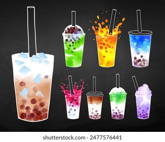 Bubble Tea flavors vector hand drawn watercolor illustrations collection on chalkboard background	
