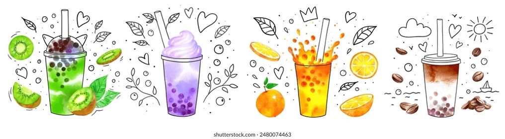Bubble Tea flavors vector hand drawn watercolor illustrations set with line art doodles