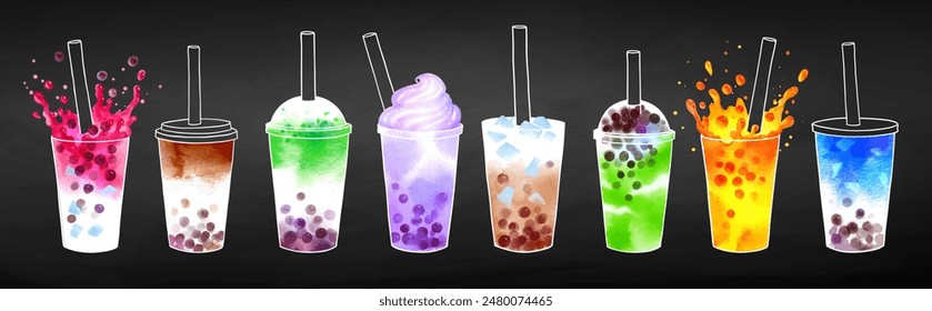 Bubble Tea Aromen Vektorgrafik Handgezeichnete Aquarell-Illustrationen Kollektion auf Kreidetafel Hintergrund	
