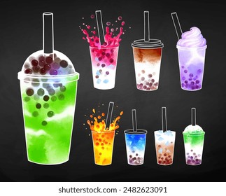 Bubble Tea flavors vector hand drawn watercolor illustrations collection on chalkboard background	
