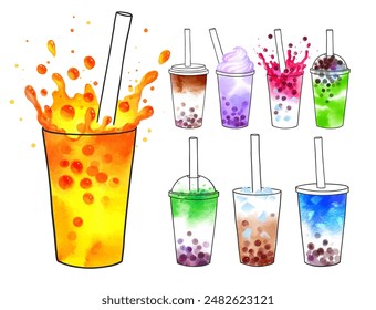 Bubble Tea flavors vector hand drawn watercolor illustrations collection