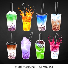 Bubble Tea sabores vetor mão desenhada aquarela ilustrações coleção no fundo quadro-negro