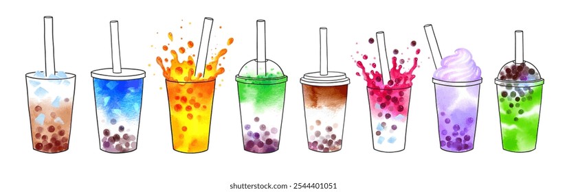 Bubble Tea sabores vetor mão desenhada aquarela ilustrações conjunto