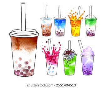 Bubble Tea flavors vector hand drawn watercolor illustrations set