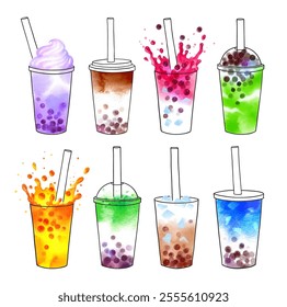 Bubble Tea flavors vector hand drawn watercolor illustrations collection