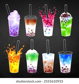 Bubble Tea flavors vector hand drawn watercolor illustrations set on chalkboard background