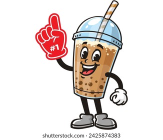 Bubble tea with foam finger cartoon mascot illustration character vector clip art hand drawn