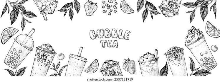 Bubble tea frame. Hand drawn vector illustration. Bubble tea sketch collection. Design template.