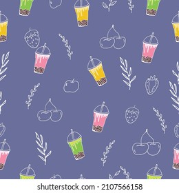 Bubble Tea With Fruit Flavor And Tapioca Pearls. Seamless Pattern, Hand Drawn Vector. Boba With Strawberry, Cherry And Apple Fruits. Food Background. Doodle Art For Wallpaper, Wrapping Paper And Gift