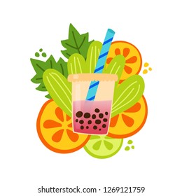 Bubble Tea, fruit tea with ice. Cartoon vector.