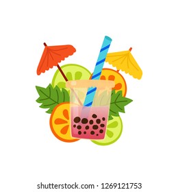 Bubble Tea, fruit tea with ice.  mint, orange, lime. These fruity pearls sink to the bottom. Cartoon vector.