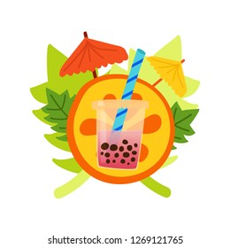 Bubble Tea, fruit tea with ice. Bubble tea is popular for its fruity and sweet flavors. Cartoon vector.