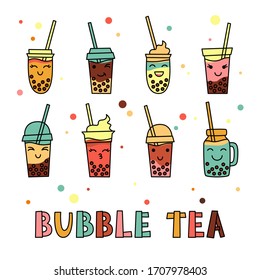 Bubble tea, fruit milk, smoothie or matcha with delicious tapioca. Different funny faces. Set of isolated cups, mugs for menu. Kawaii cartoon flat vector illustration