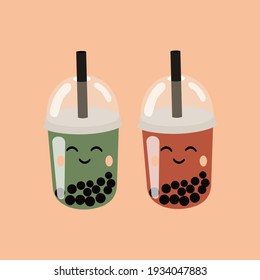 Bubble tea with fun emotion. Modern card with cups of Taiwanese pearl tea in pastel colors. For printing brochures, business cards, kitchen decor. Vector graphics.