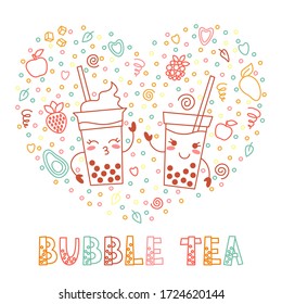 Bubble tea. Funny cups with delicious tapioca. Glasses with eyes smiling, waving hand. Plastic cup with straw, heart, fruits, elements. Kawaii cartoon linear vector illustration in shape of heart