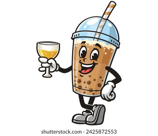 Bubble tea with a glass of drink cartoon mascot illustration character vector clip art hand drawn