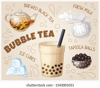 Bubble tea glass and food ingredients cartoon illustration. Vector icon of boba tea drink, tapioca balls, brewed black tea, ice cubes and fresh milk design